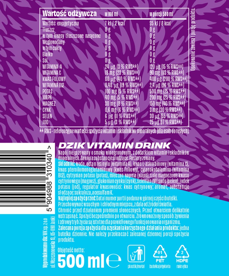 🍇💧 WK DZIK Vitamin Drink – Grape 500 ml
