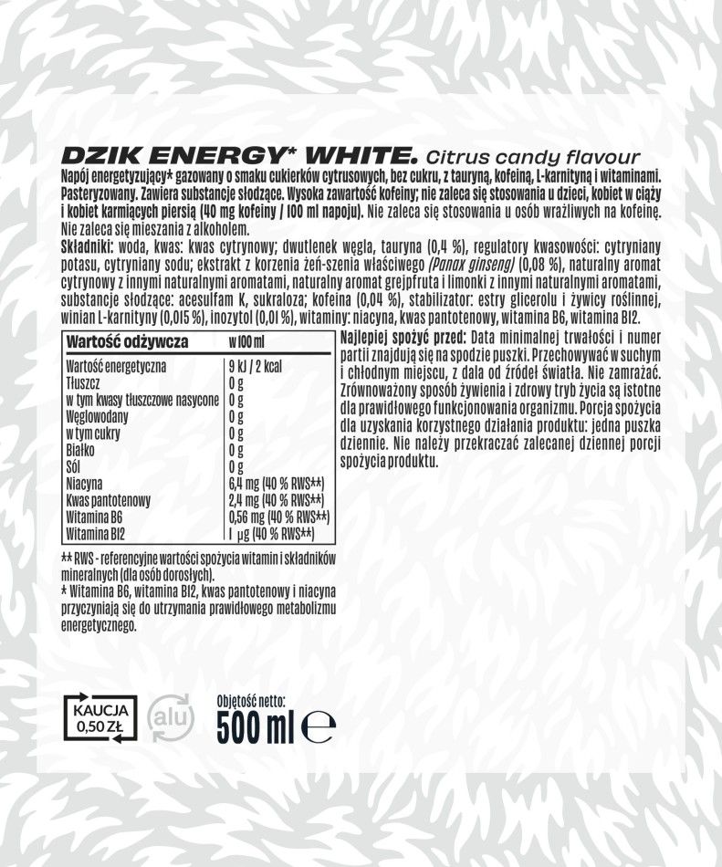 ⚡ DZIK ENERGY WHITE – Citrus Candy Flavour | Sugar-Free Energy Drink 24x500ml