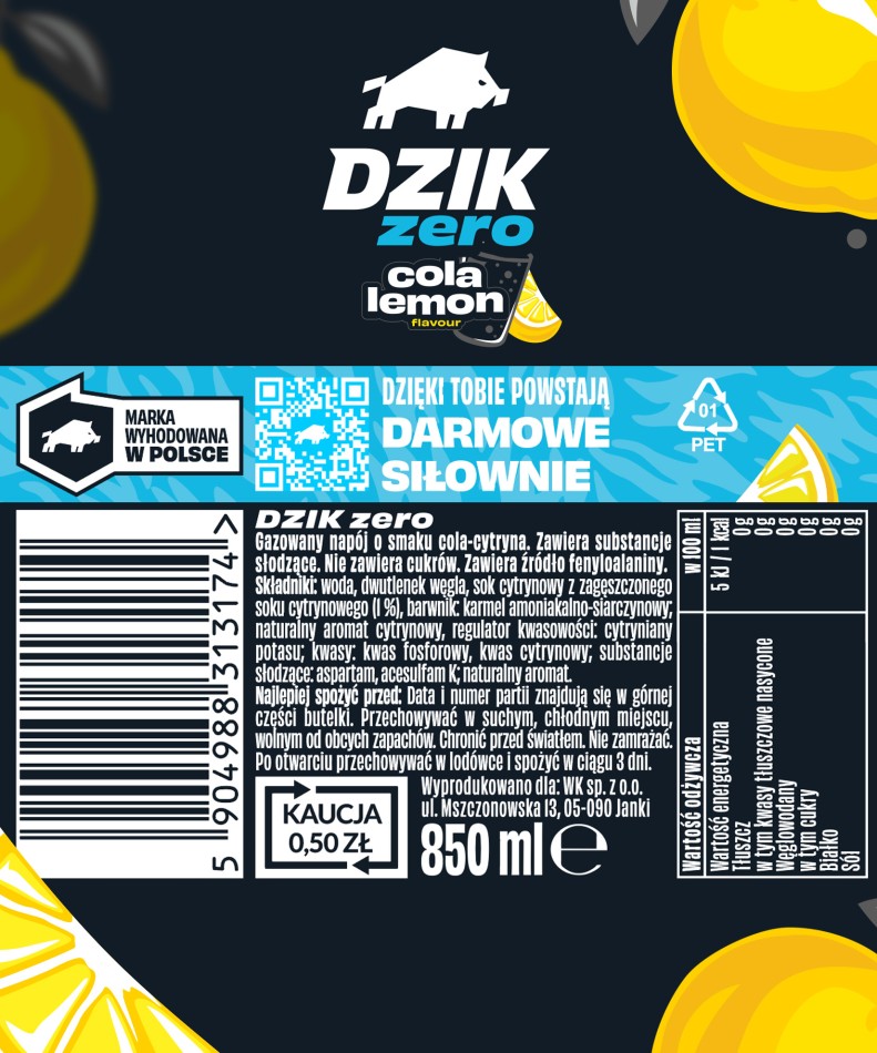 🥤🍋 DZIK® ZERO Cola Lemon – Sugar Free 850 ml