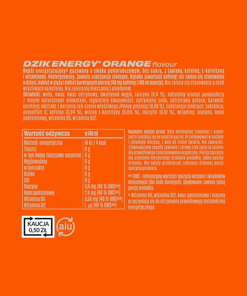 🍊⚡ WK DZIK Orange Energy Drink – Sugar Free 24x500ml