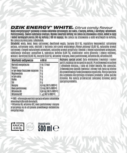 ⚡ DZIK ENERGY WHITE – Citrus Candy Flavour | Sugar-Free Energy Drink 24x500ml