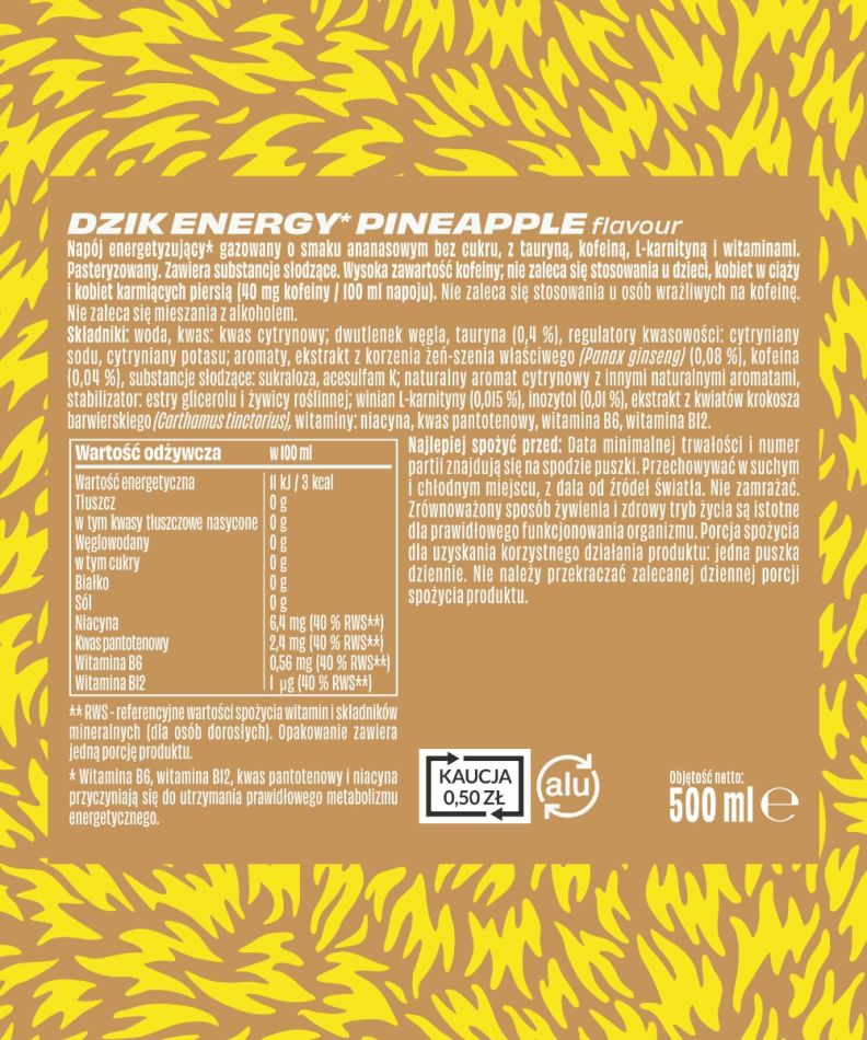 🍍⚡ WK DZIK Pineapple Energy Drink – Sugar Free 24x500